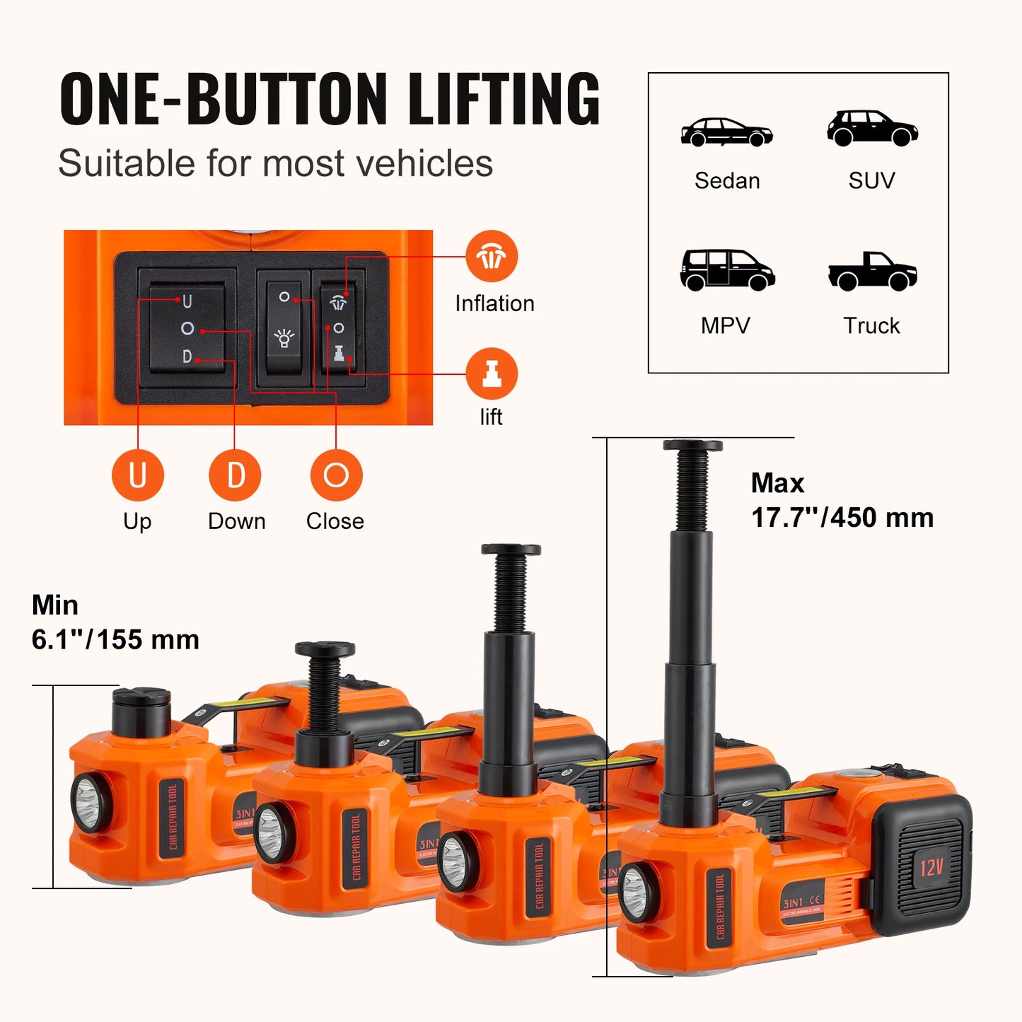 VEVOR Electric Car Jack 5T Hydraulic Jack W/Electric Wrench Portable Car Lift