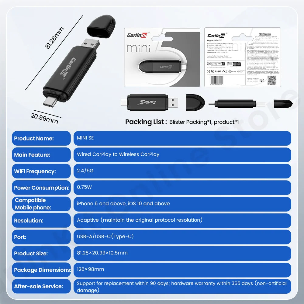Carlinkit Mini SE Wired to Wireless Carplay Adapter