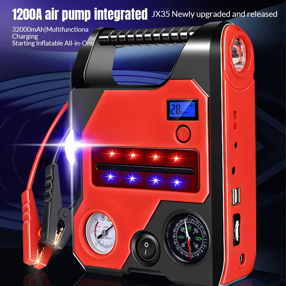 4 In1 Car Jump Starter with Air Compressor Portable Flashlight