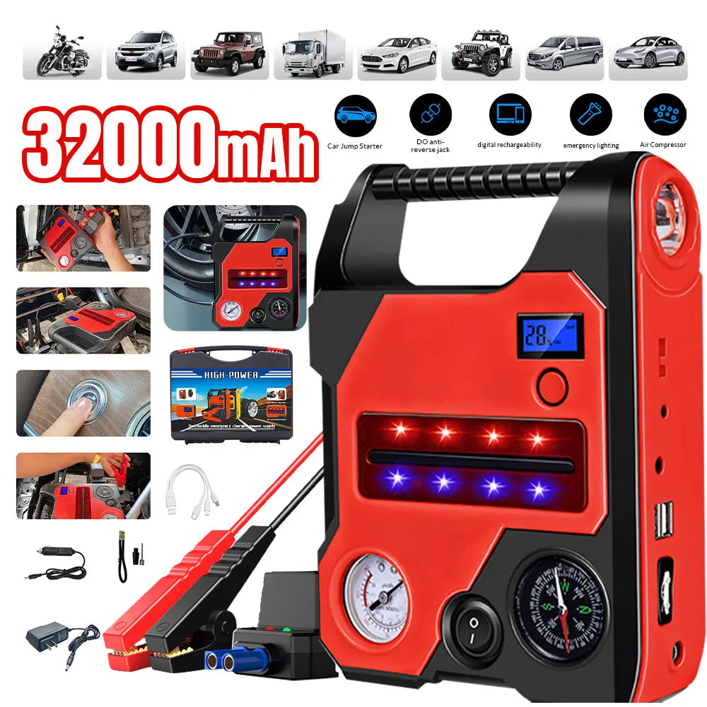 4 In1 Car Jump Starter with Air Compressor Portable Flashlight