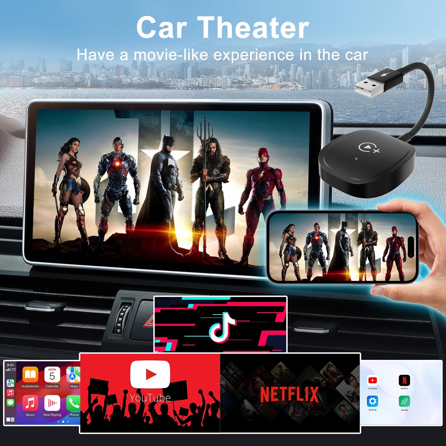 Wireless Video Carplay Adapter with Netflix/YouTube/ TikTok for OEM Wireless CarPlay Cars