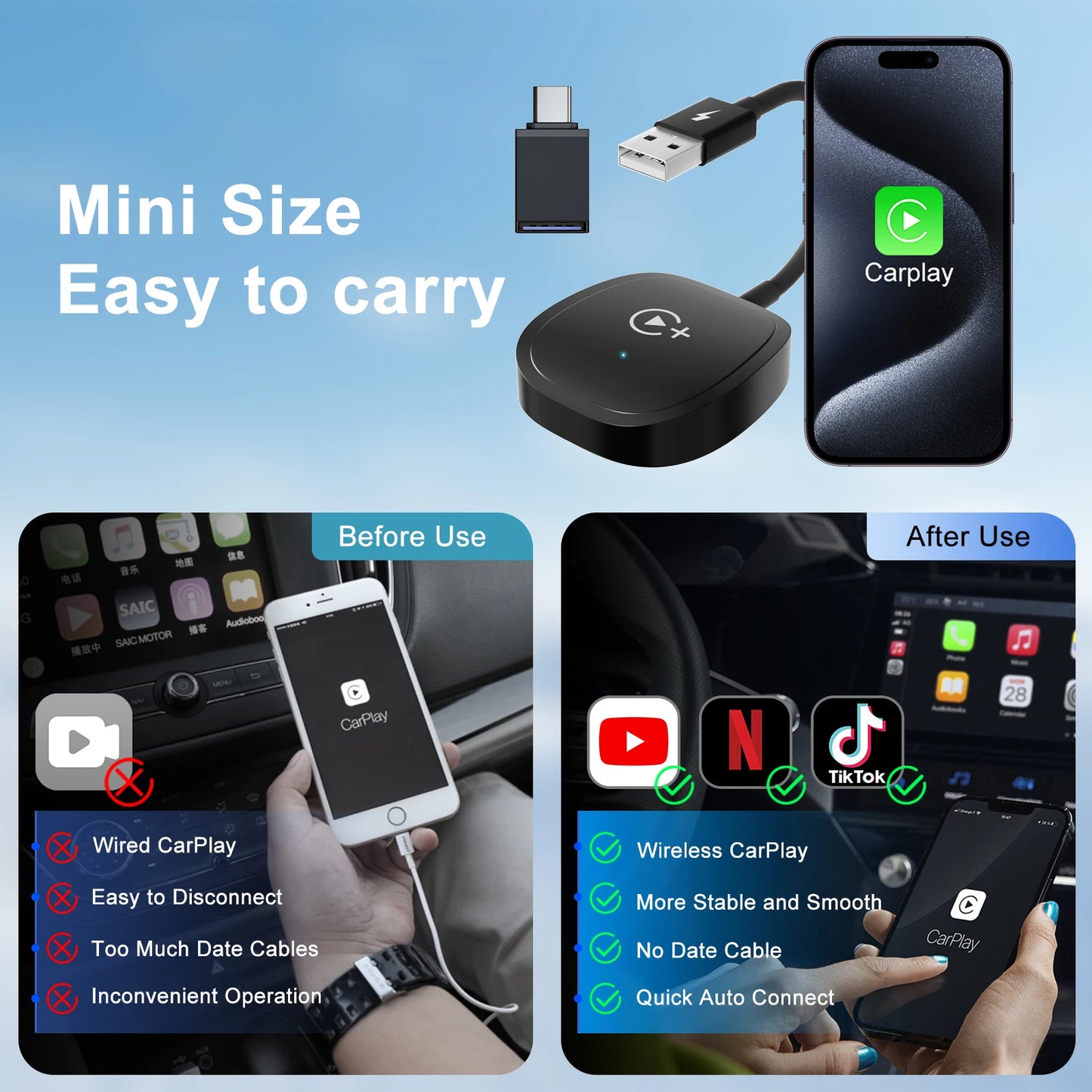 Wireless Video Carplay Adapter with Netflix/YouTube/ TikTok for OEM Wireless CarPlay Cars