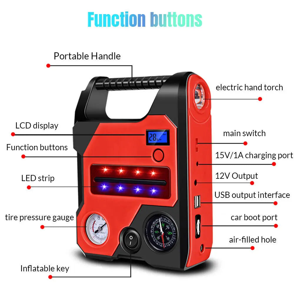 4 In1 Car Jump Starter with Air Compressor Portable Flashlight